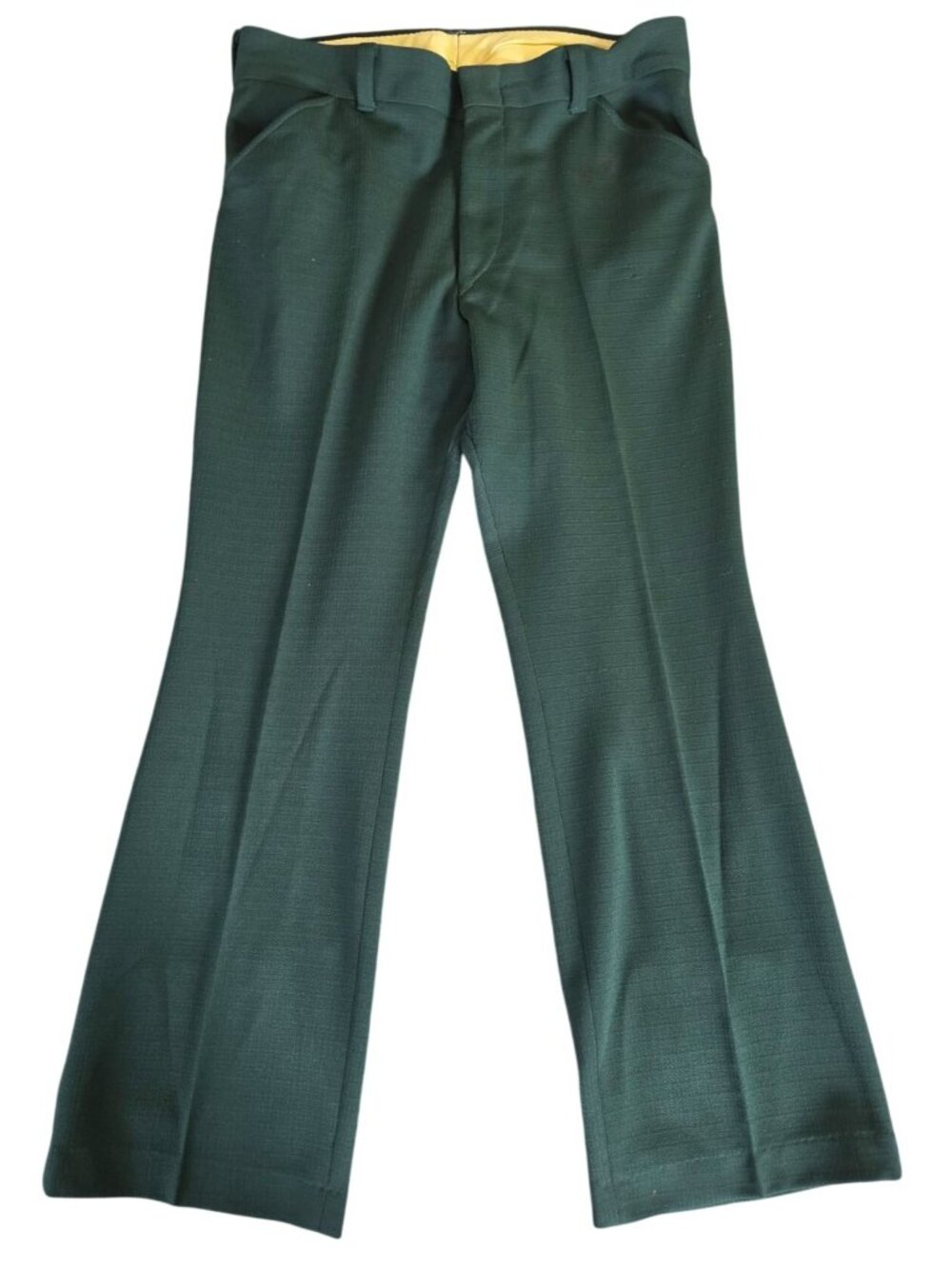 Vtg Mens 1970s Hunter Green Knit Trousers Flat Front Flare Leg 37W Polyester